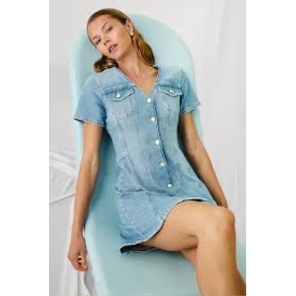 Rails Saratoga Seagrass Denim Mini Dress Light Wash V-Neck Button Front Large